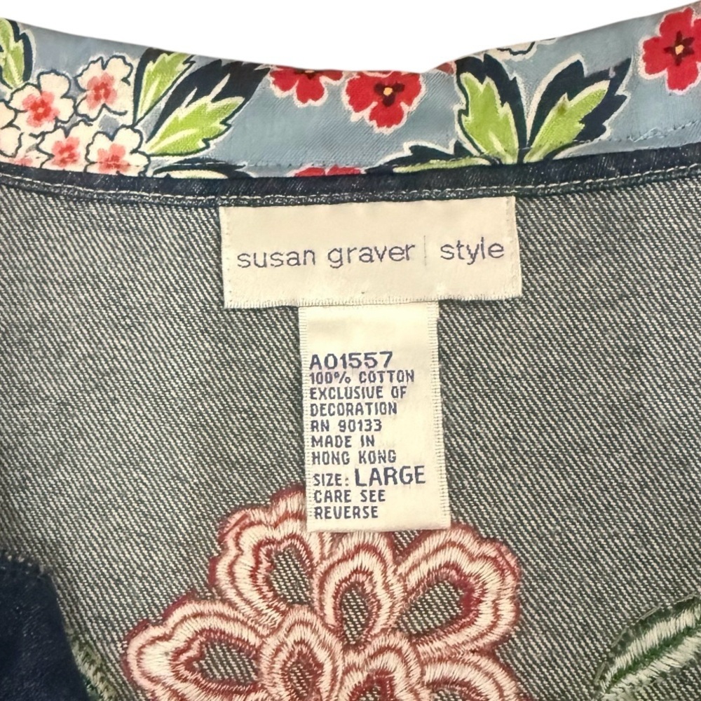 Trucker style jacket by Susan Graver Upcycled Floral Collar, Embroidered Trim - Picture 7 of 7